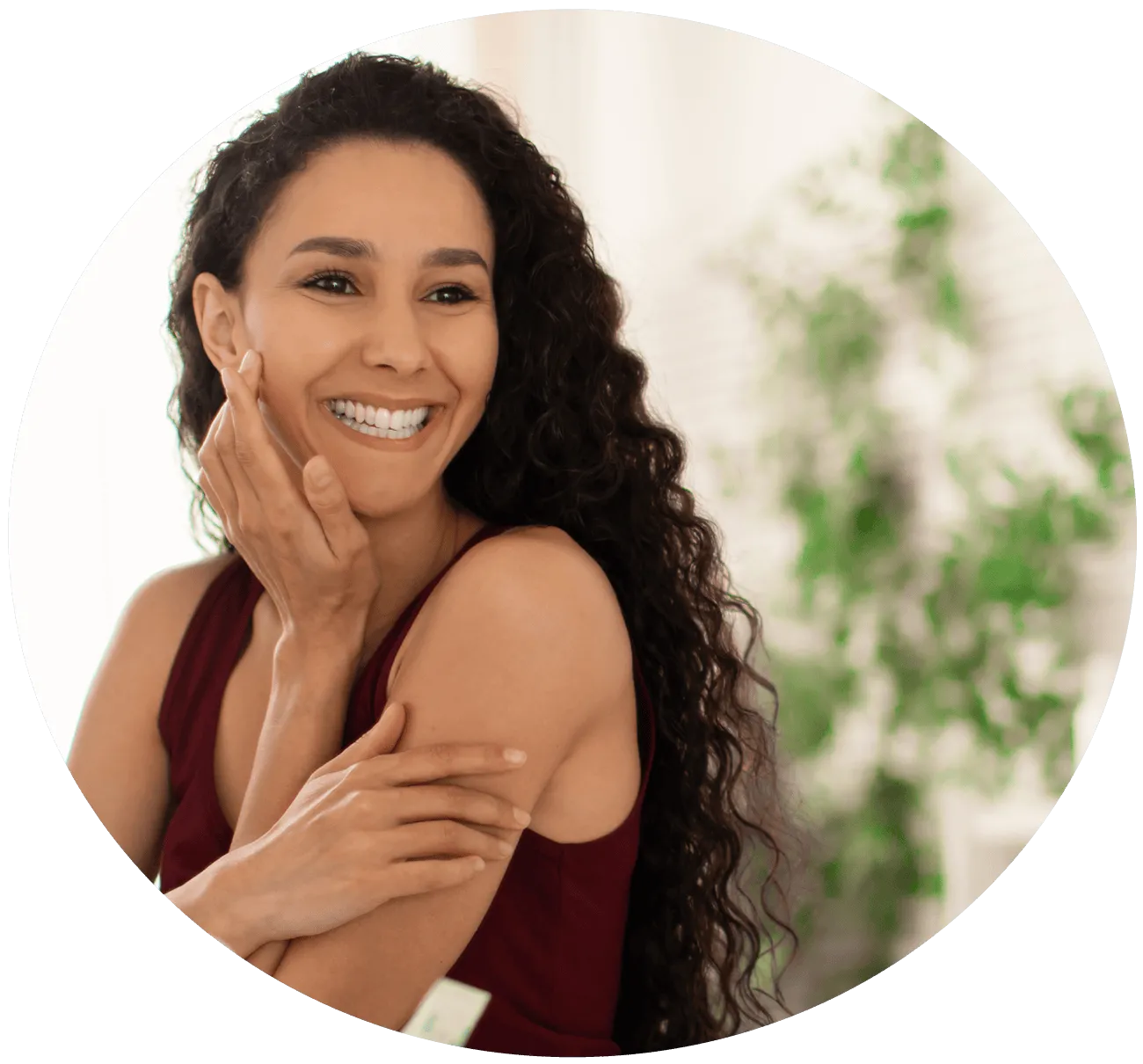 Woman resting chin on hand